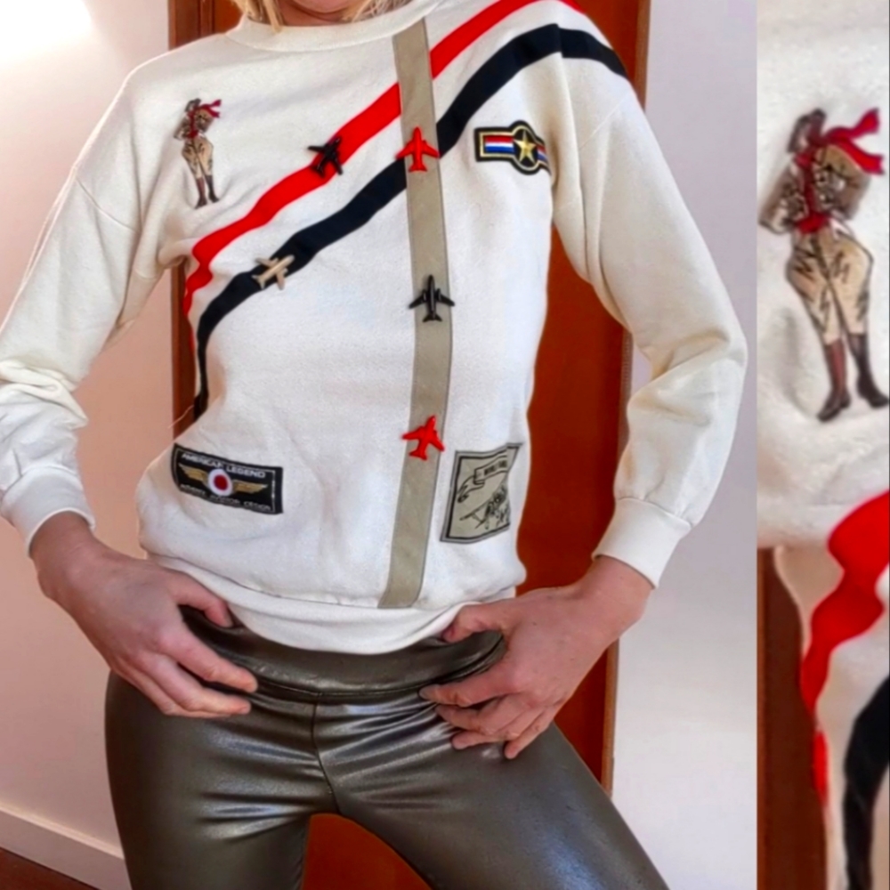 Rare Vintage 80s aviator girl fighter pilot plane gucci stripe sweatshirt top…xs